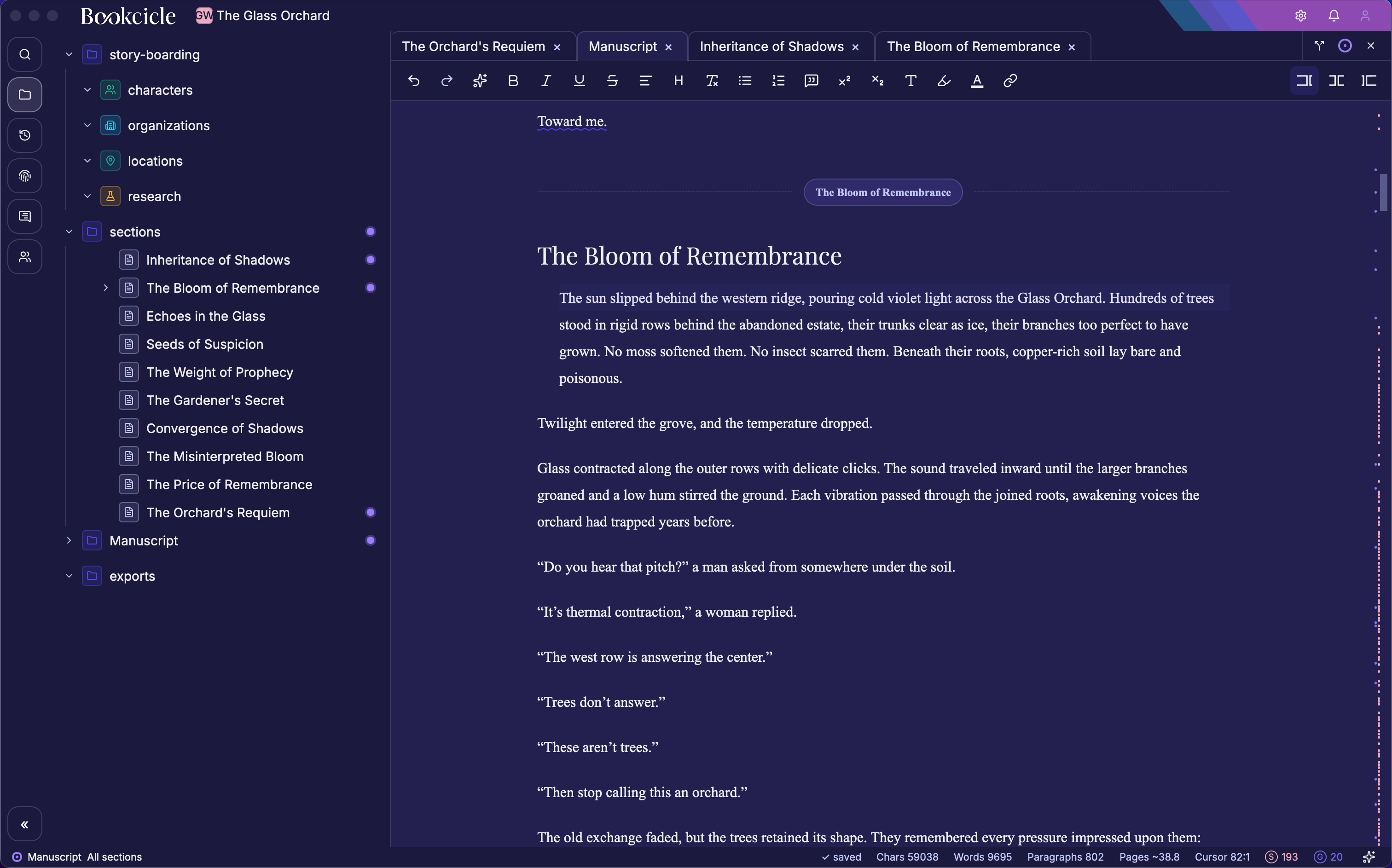 Native Studio Editor in a deep purple dark theme with The Glass Orchard manuscript open.
