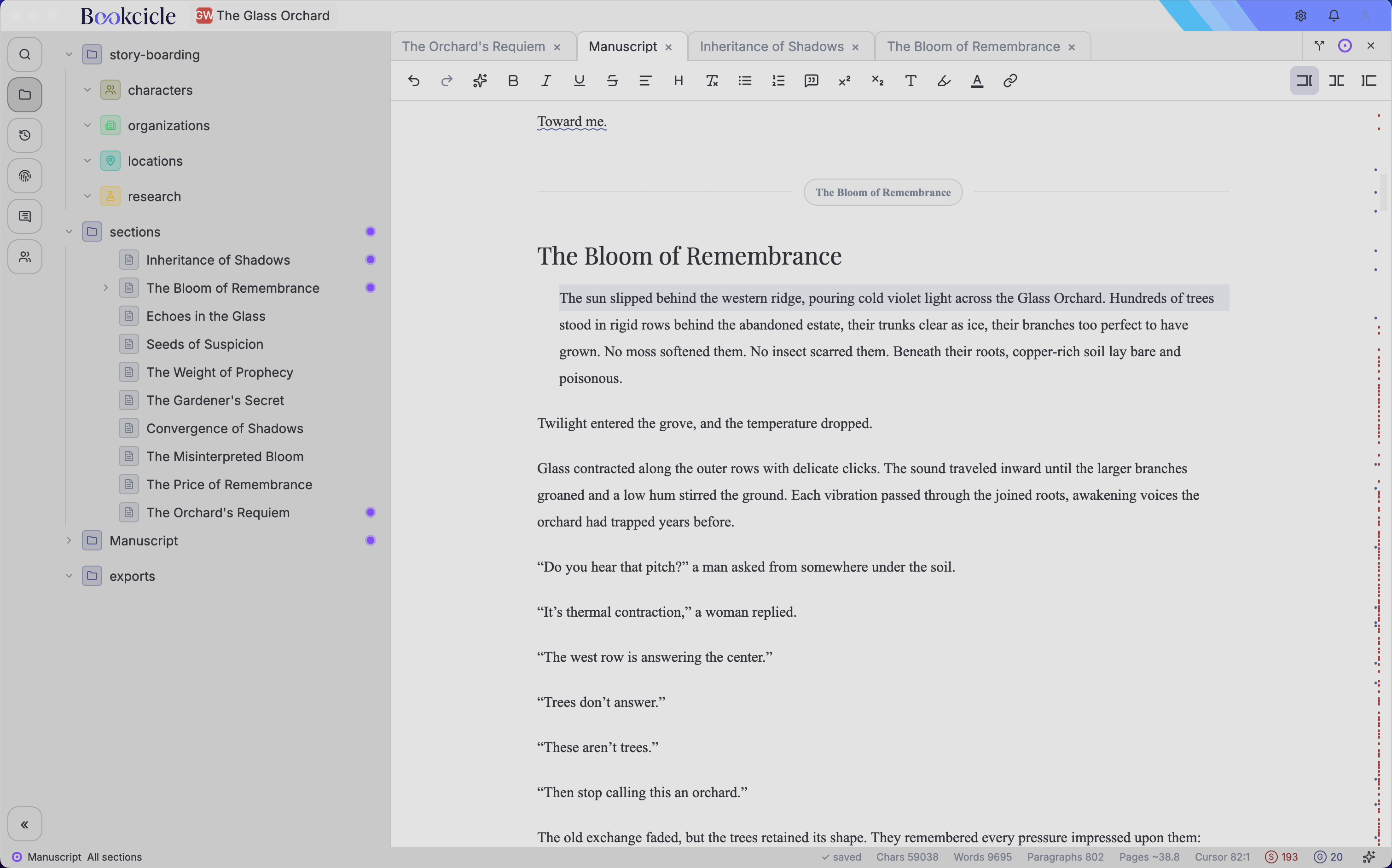 Native Studio Editor in a soft blue light theme with The Glass Orchard manuscript open.