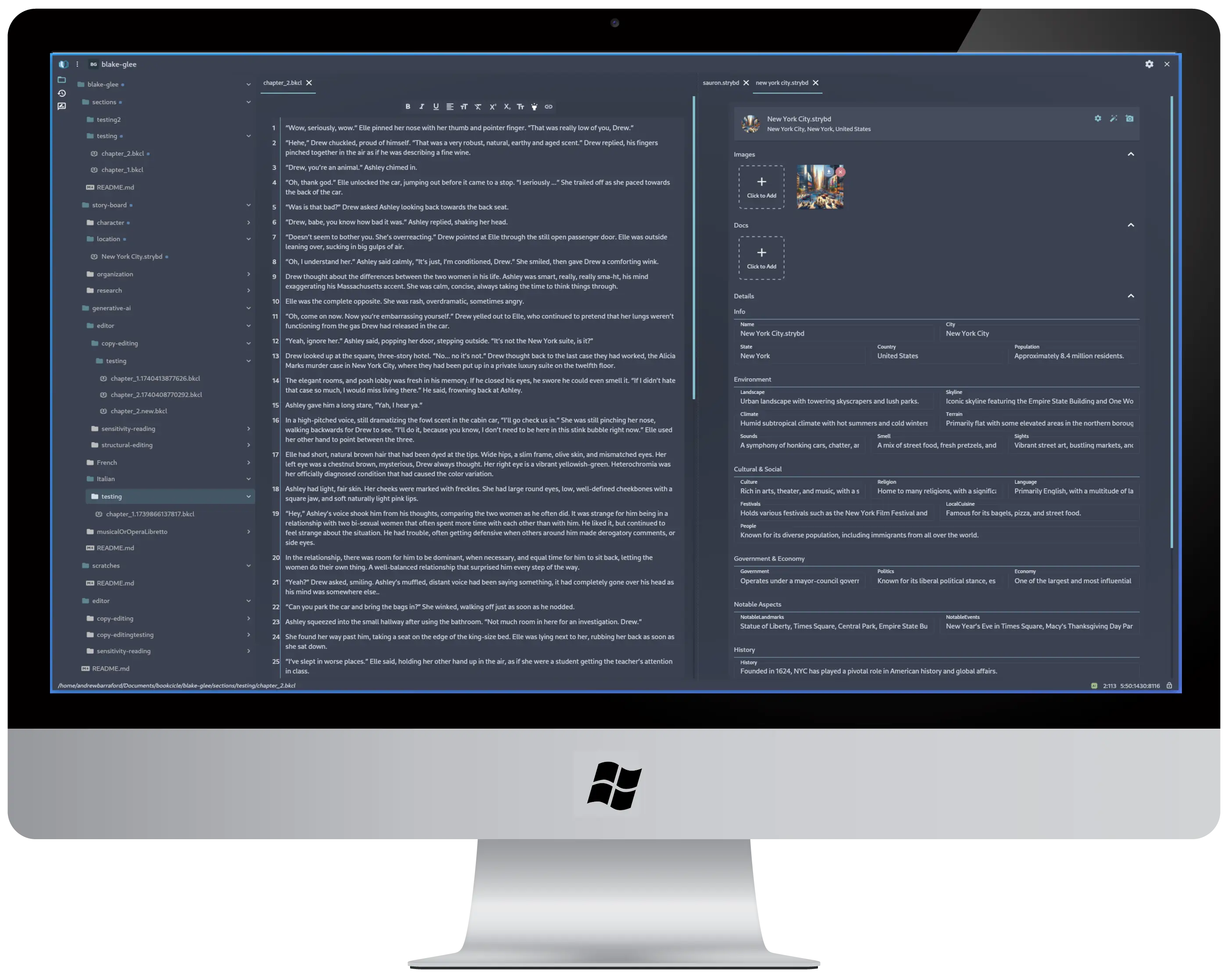 Windows display showing artwork featuring pink, yellow and blue buildings and a green jeep parked on a palm-tree-lined street.